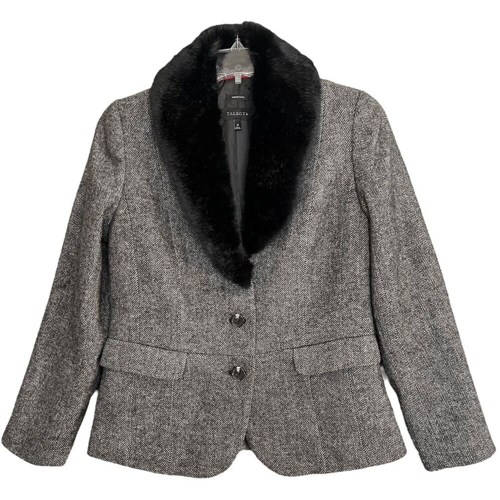 Talbots Aberdeen Herringbone Wool Jacket 10 Fur Collar Old Money Academia Preppy